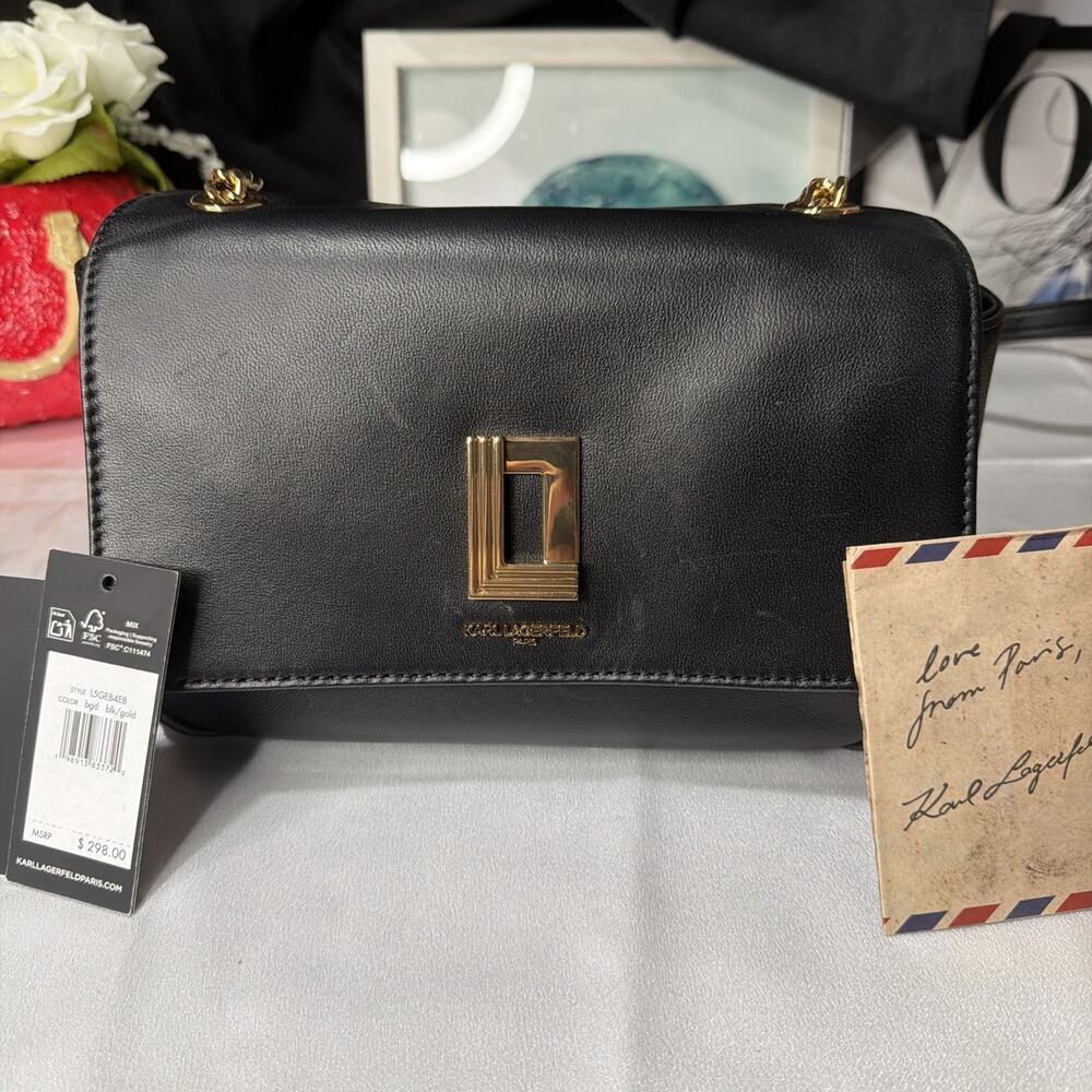 Woman’s Karl Lagerfield Shoulder Bag Black Leather NWT gold Chain $298 Retail